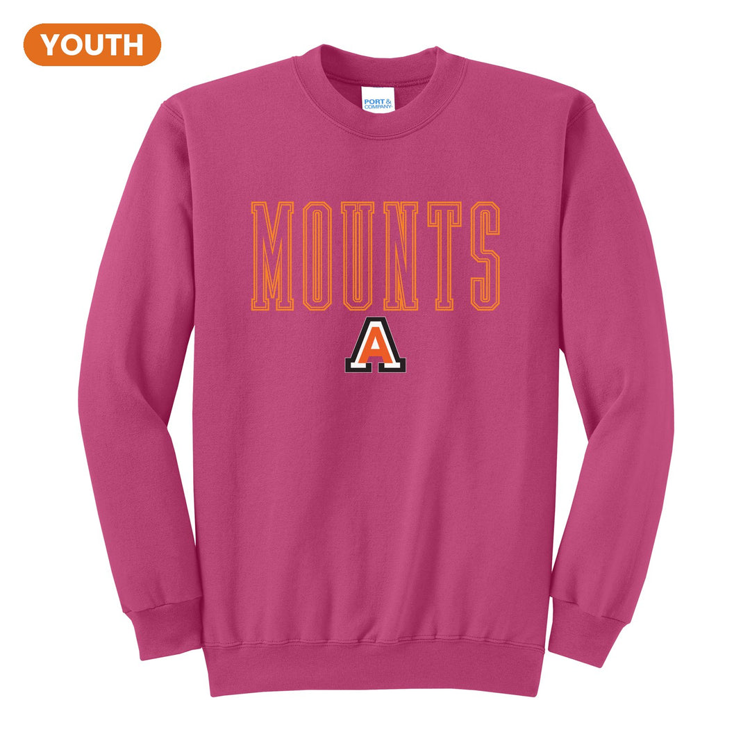 Antietam Mountaineers Outline Mounts youth crewneck sweatshirt in Sangria: outlined MOUNTS lettering over the Antietam A