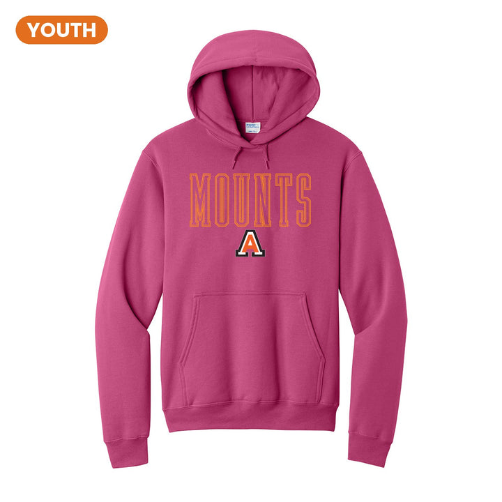 Antietam Mountaineers Outline Mounts youth hoodie in Sangria: outlined MOUNTS lettering over the Antietam A
