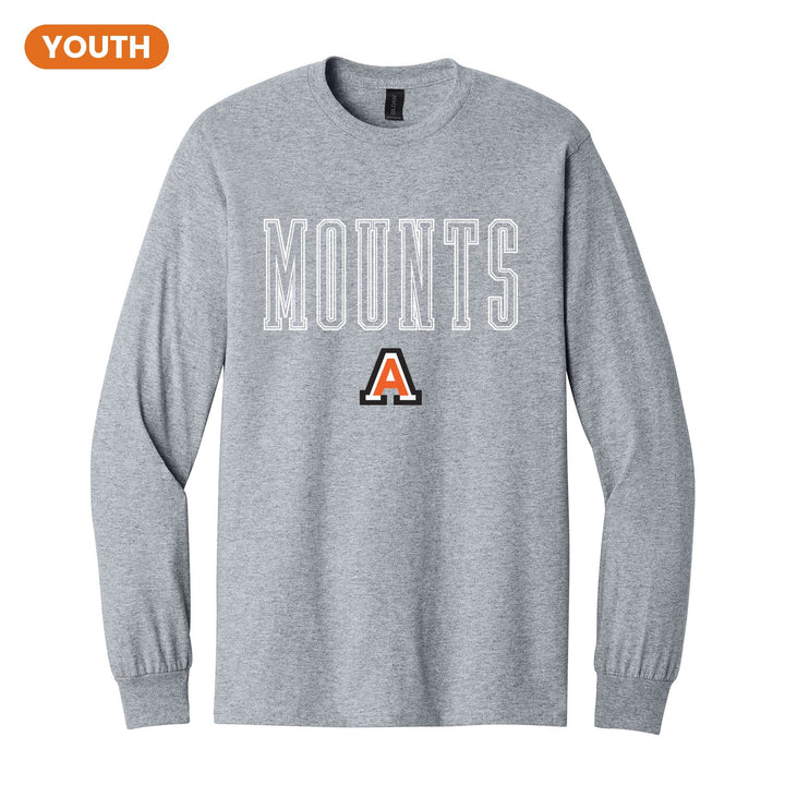Antietam Mountaineers Outline Mounts youth long sleeve t-shirt in Sport Grey: outlined MOUNTS lettering over the Antietam A