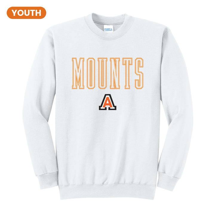 Antietam Mountaineers Outline Mounts youth crewneck sweatshirt in White: outlined MOUNTS lettering over the Antietam A