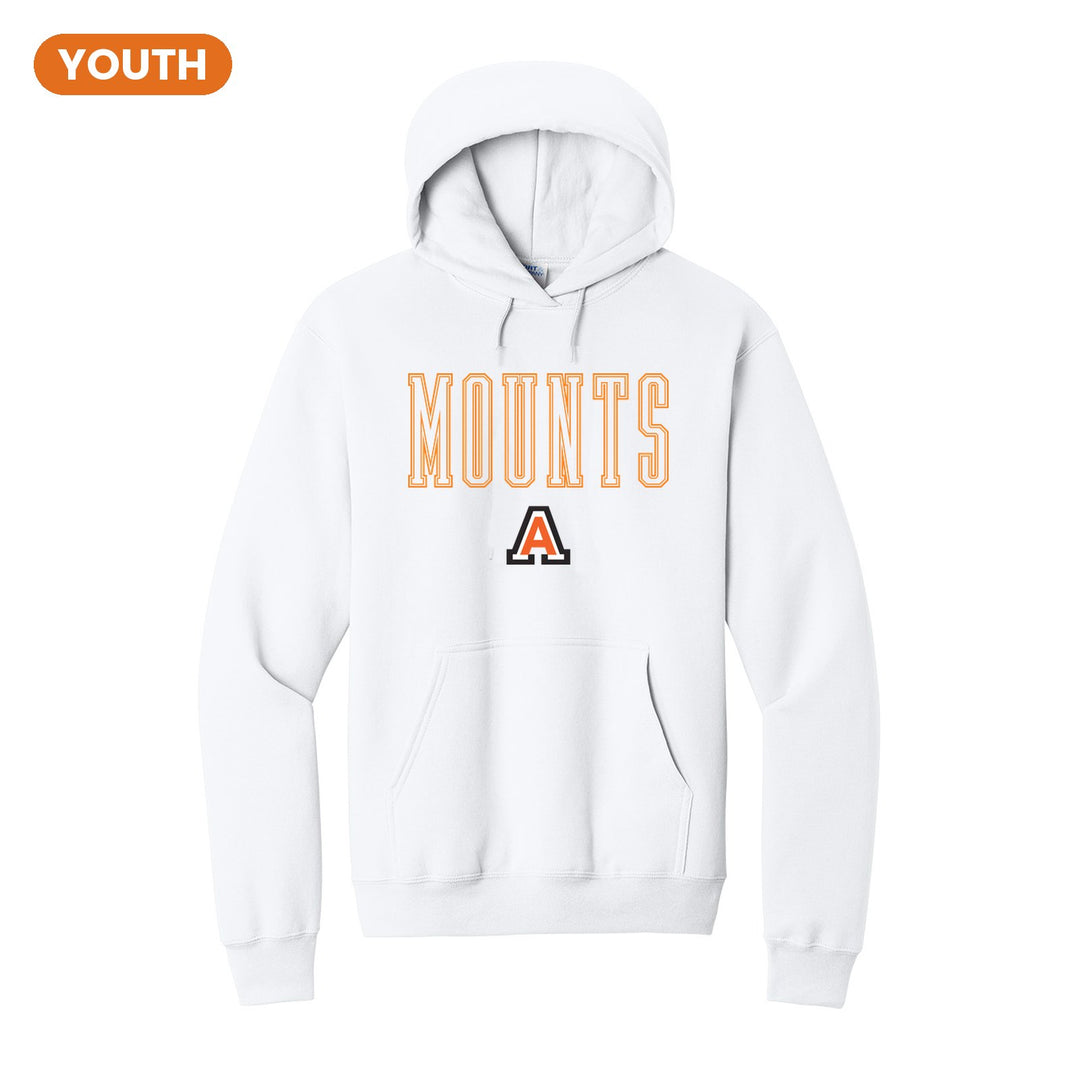 Antietam Mountaineers Outline Mounts youth hoodie in White: outlined MOUNTS lettering over the Antietam A