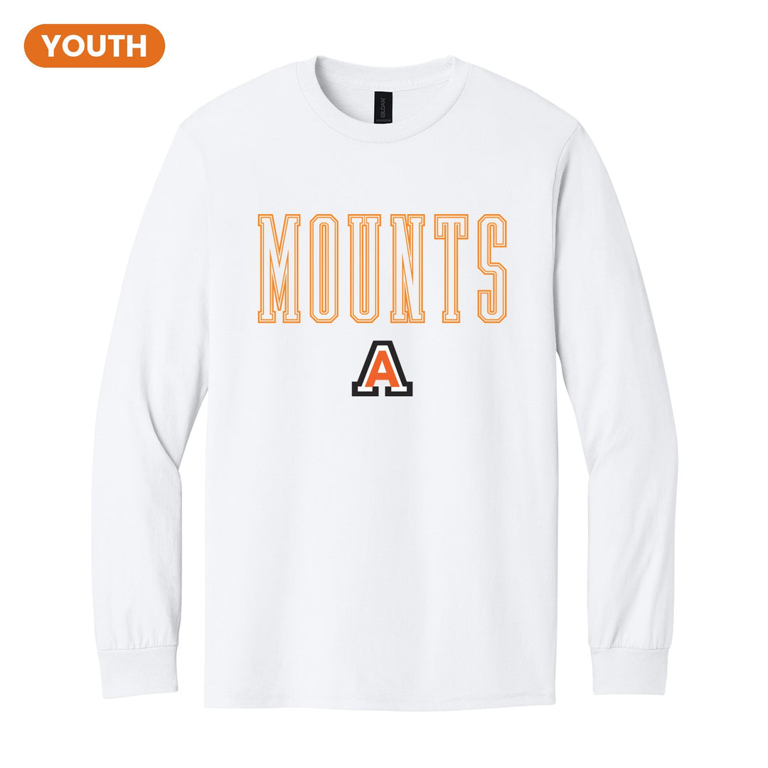 Antietam Mountaineers Outline Mounts youth long sleeve t-shirt in White: outlined MOUNTS lettering over the Antietam A