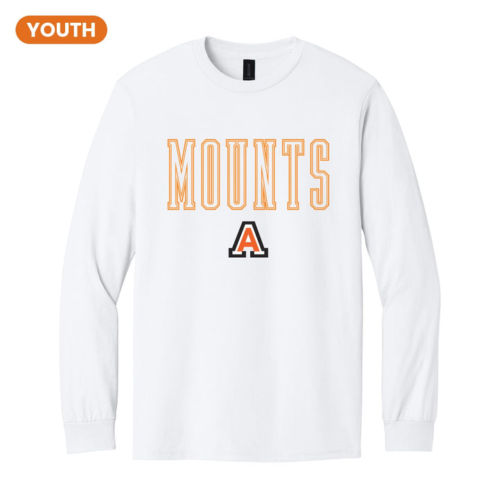 Antietam Mountaineers Outline Mounts youth long sleeve t-shirt in White: outlined MOUNTS lettering over the Antietam A