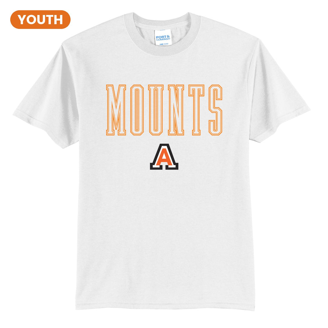 Antietam Mountaineers Outline Mounts youth t-shirt in White: outlined MOUNTS lettering over the Antietam A