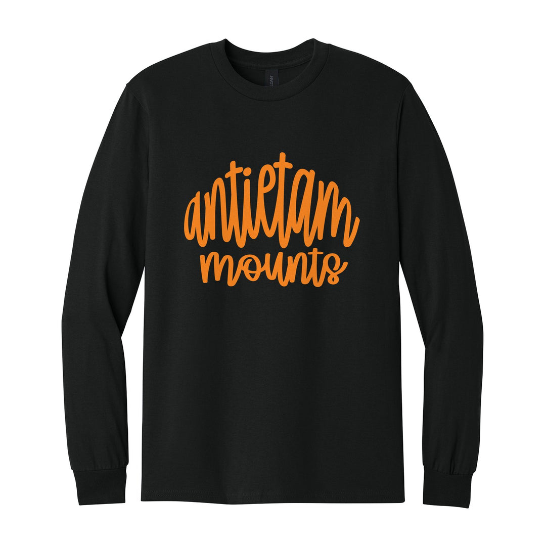 Antietam Mountaineers Hand-Lettered Script long sleeve t-shirt in Black: antietam mounts in big hand-lettered script