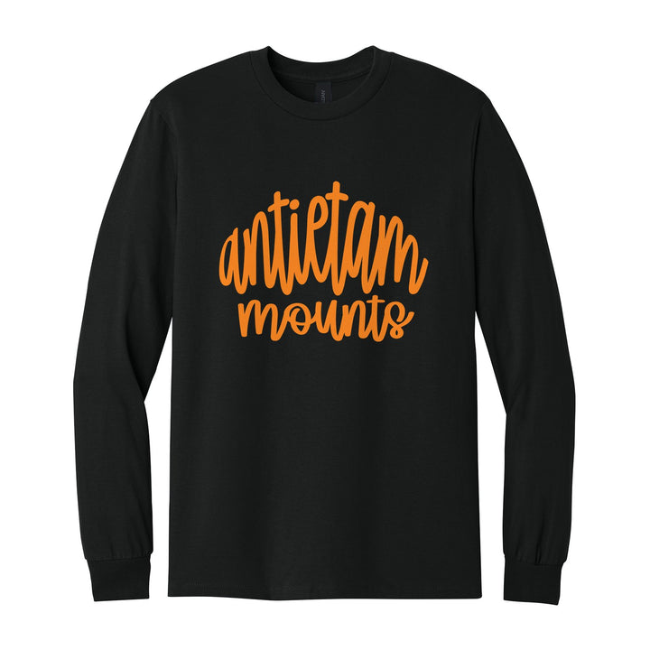 Antietam Mountaineers Hand-Lettered Script long sleeve t-shirt in Black: antietam mounts in big hand-lettered script