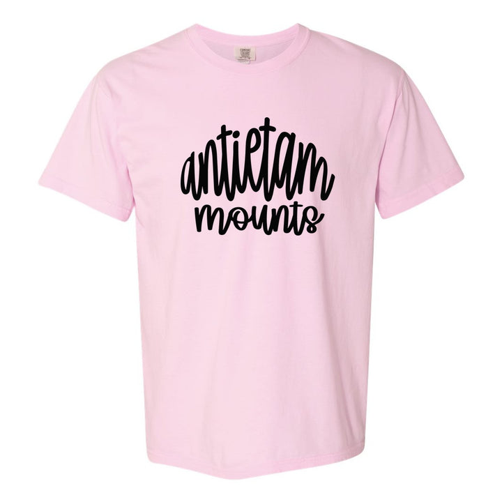 Antietam Mountaineers Hand-Lettered Script comfort colors t-shirt in Blossom: antietam mounts in big hand-lettered script