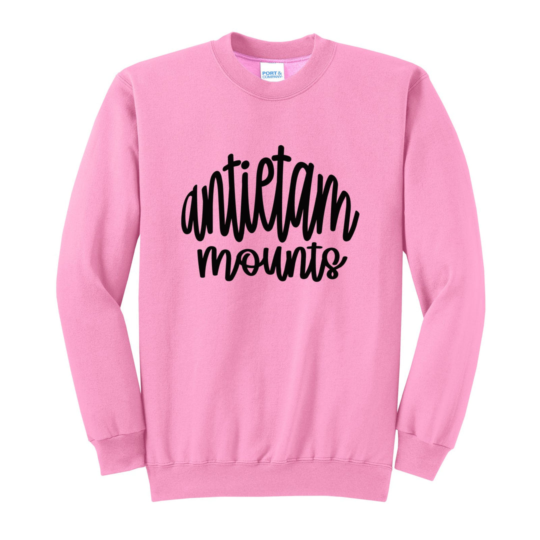 Antietam Mountaineers Hand-Lettered Script crewneck sweatshirt in Candy Pink: antietam mounts in big hand-lettered script