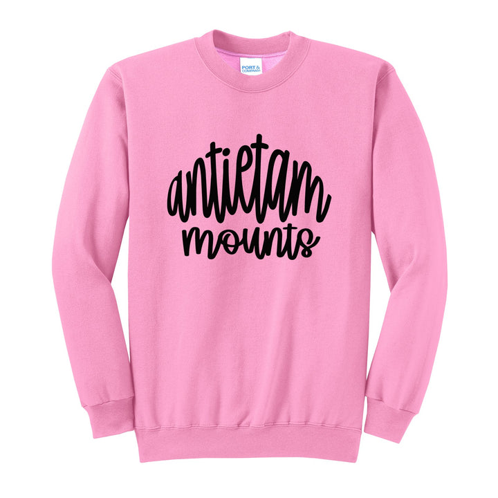 Antietam Mountaineers Hand-Lettered Script crewneck sweatshirt in Candy Pink: antietam mounts in big hand-lettered script
