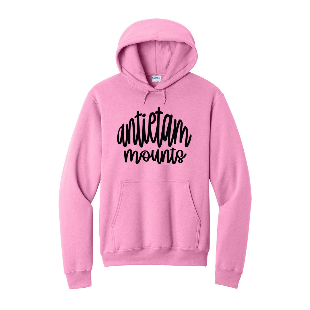 Antietam Mountaineers Hand-Lettered Script hoodie in Candy Pink: antietam mounts in big hand-lettered script