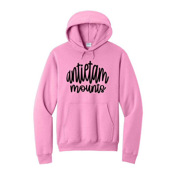 Antietam Mountaineers Hand-Lettered Script hoodie in Candy Pink: antietam mounts in big hand-lettered script