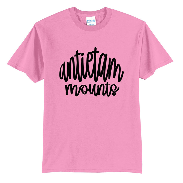 Antietam Mountaineers Hand-Lettered Script t-shirt in Candy Pink: antietam mounts in big hand-lettered script
