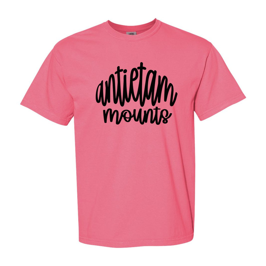 Antietam Mountaineers Hand-Lettered Script comfort colors t-shirt in Crunchberry: antietam mounts in big hand-lettered script