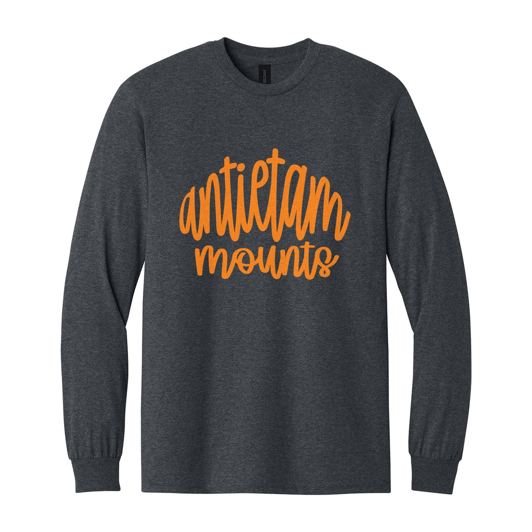 Antietam Mountaineers Hand-Lettered Script long sleeve t-shirt in Dark Heather: antietam mounts in big hand-lettered script