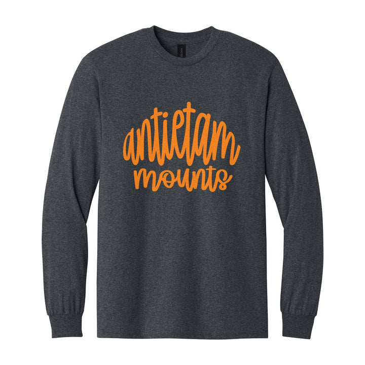 Antietam Mountaineers Hand-Lettered Script long sleeve t-shirt in Dark Heather: antietam mounts in big hand-lettered script