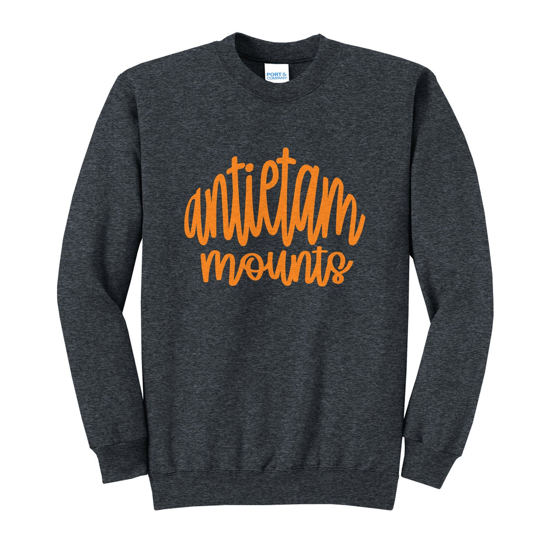 Antietam Mountaineers Hand-Lettered Script crewneck sweatshirt in Dark Heather Grey: antietam mounts in big hand-lettered script