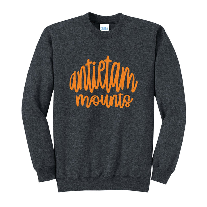 Antietam Mountaineers Hand-Lettered Script crewneck sweatshirt in Dark Heather Grey: antietam mounts in big hand-lettered script