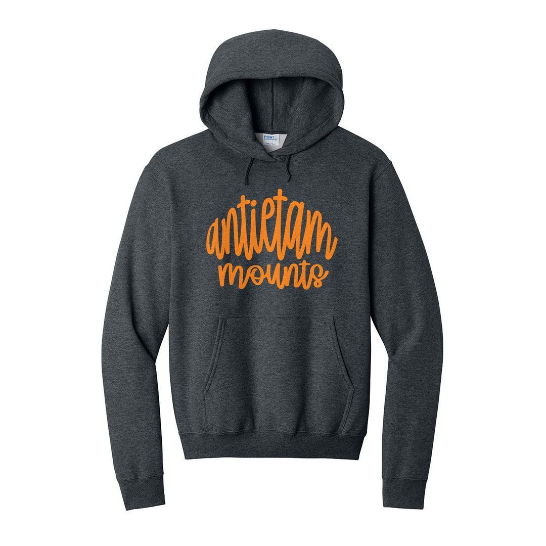Antietam Mountaineers Hand-Lettered Script hoodie in Dark Heather Grey: antietam mounts in big hand-lettered script
