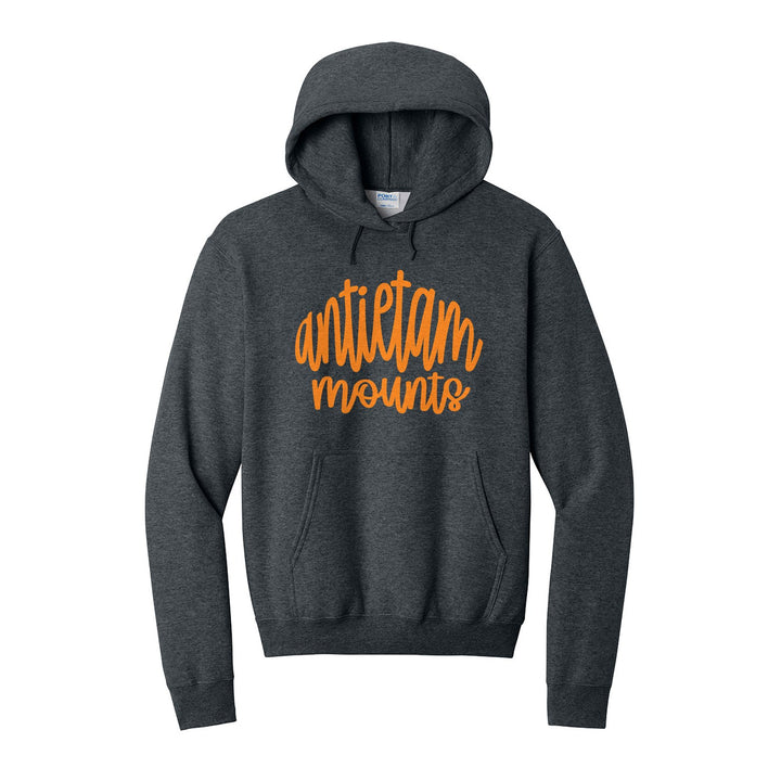 Antietam Mountaineers Hand-Lettered Script hoodie in Dark Heather Grey: antietam mounts in big hand-lettered script