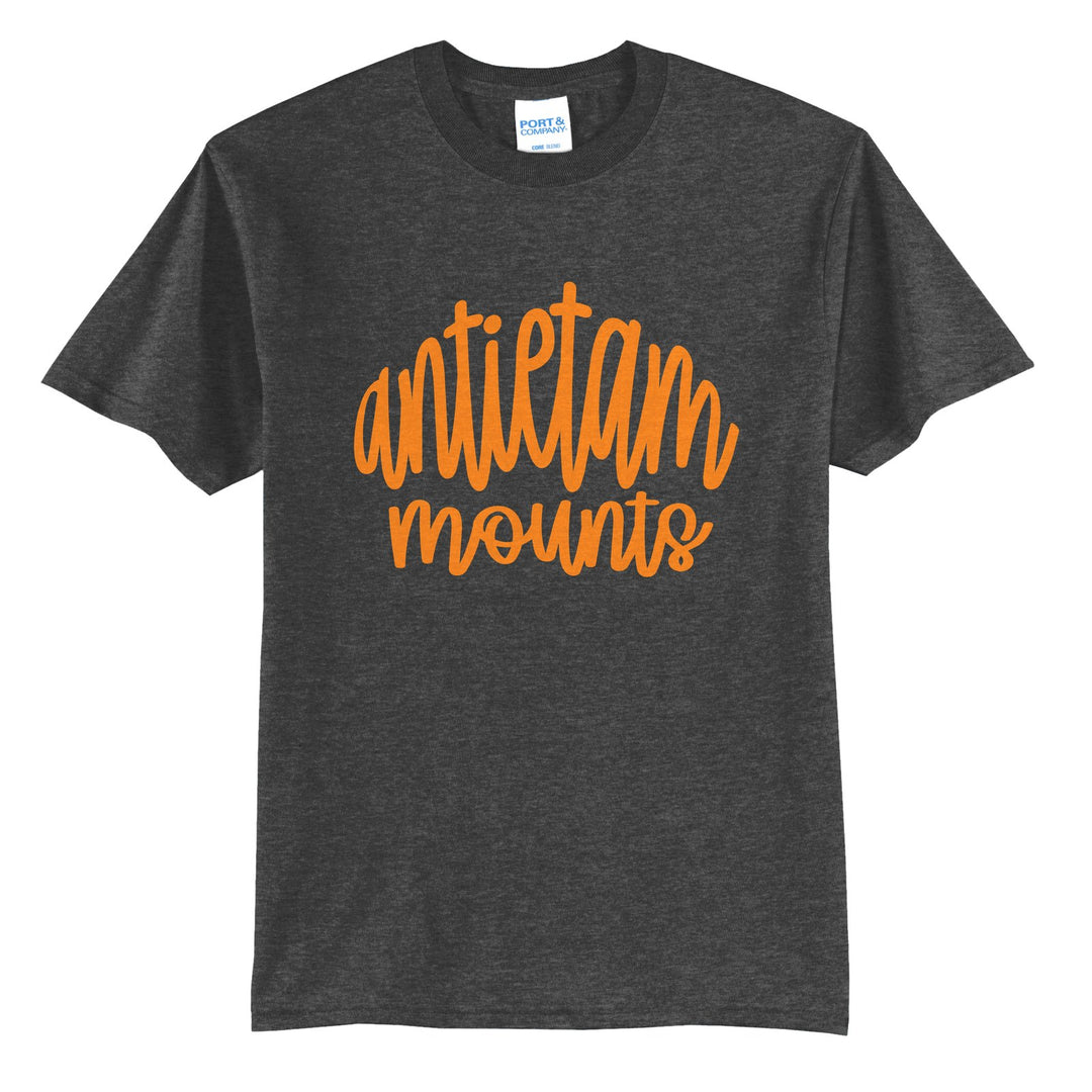 Antietam Mountaineers Hand-Lettered Script t-shirt in Dark Heather Grey: antietam mounts in big hand-lettered script
