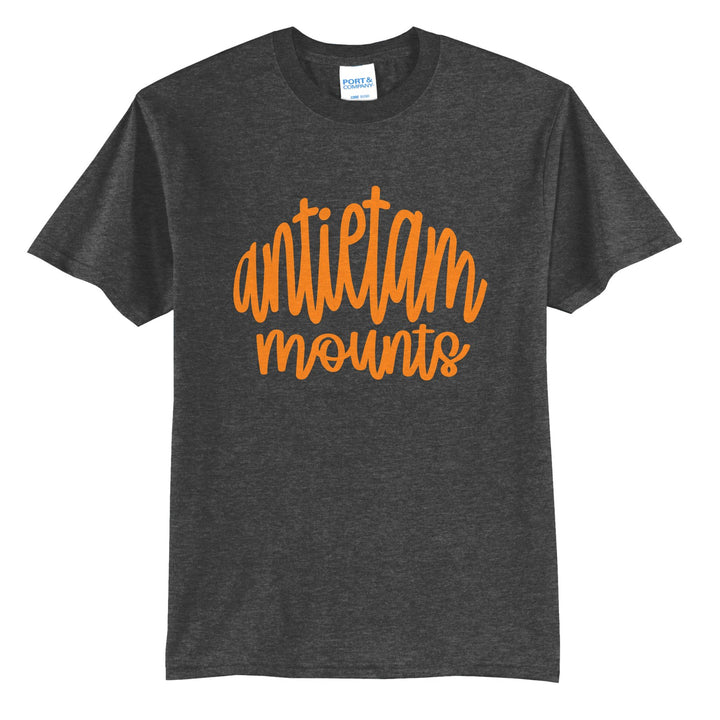 Antietam Mountaineers Hand-Lettered Script t-shirt in Dark Heather Grey: antietam mounts in big hand-lettered script