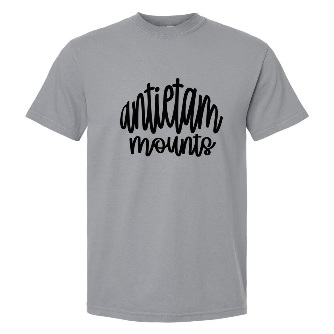 Antietam Mountaineers Hand-Lettered Script comfort colors t-shirt in Granite: antietam mounts in big hand-lettered script