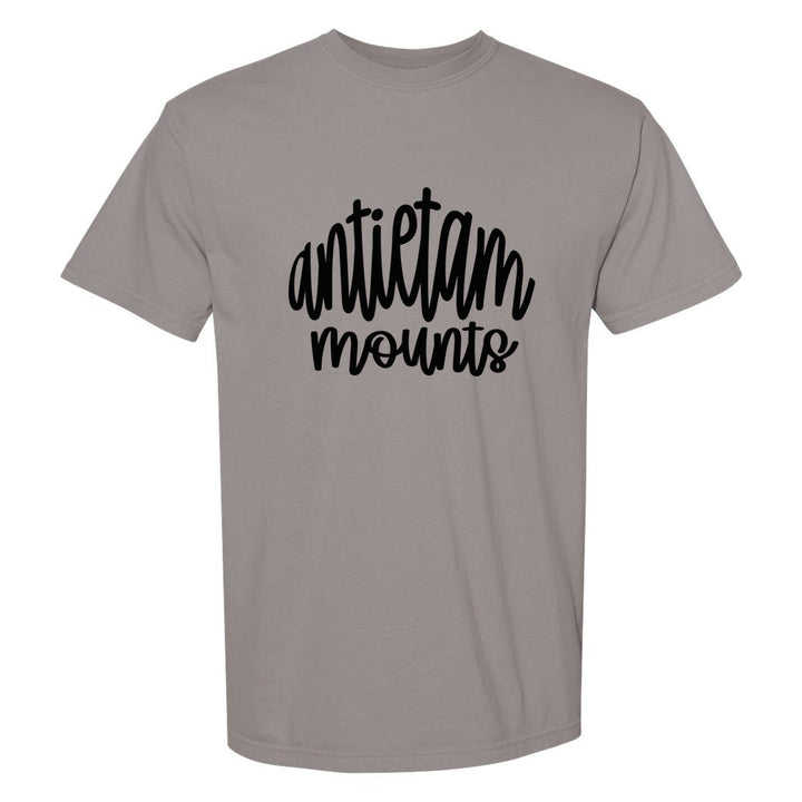 Antietam Mountaineers Hand-Lettered Script comfort colors t-shirt in Grey: antietam mounts in big hand-lettered script