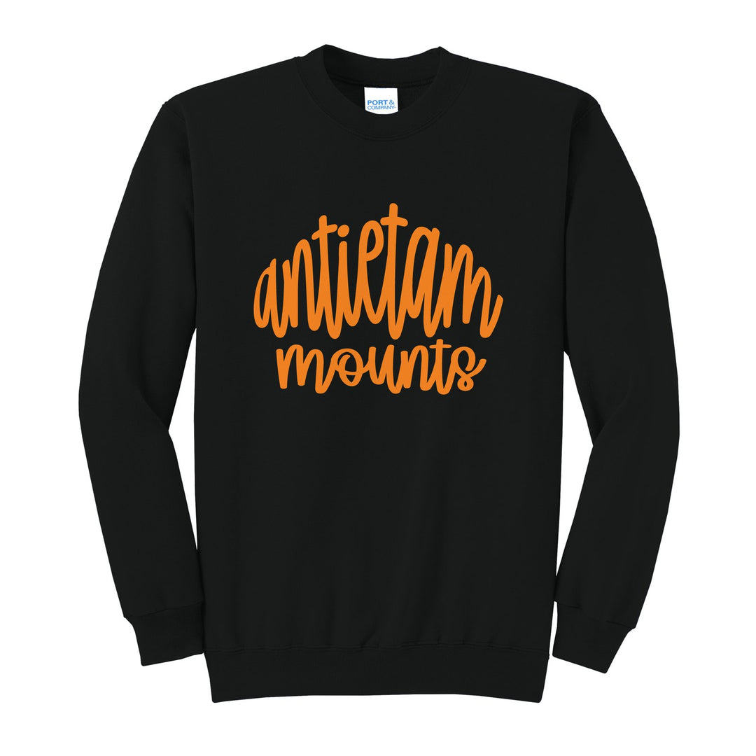 Antietam Mountaineers Hand-Lettered Script crewneck sweatshirt in Jet Black: antietam mounts in big hand-lettered script