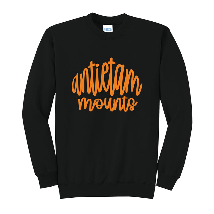 Antietam Mountaineers Hand-Lettered Script crewneck sweatshirt in Jet Black: antietam mounts in big hand-lettered script