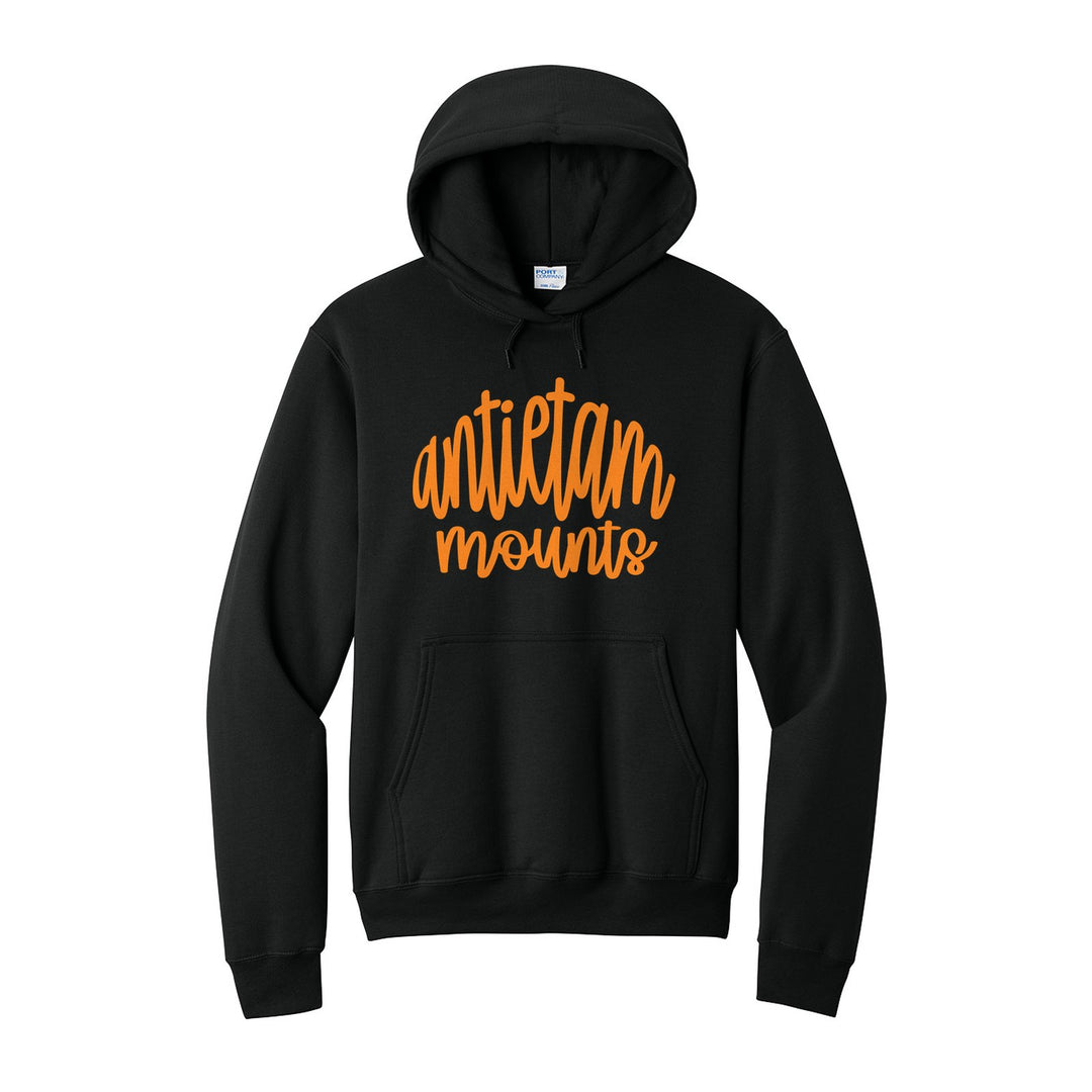 Antietam Mountaineers Hand-Lettered Script hoodie in Jet Black: antietam mounts in big hand-lettered script