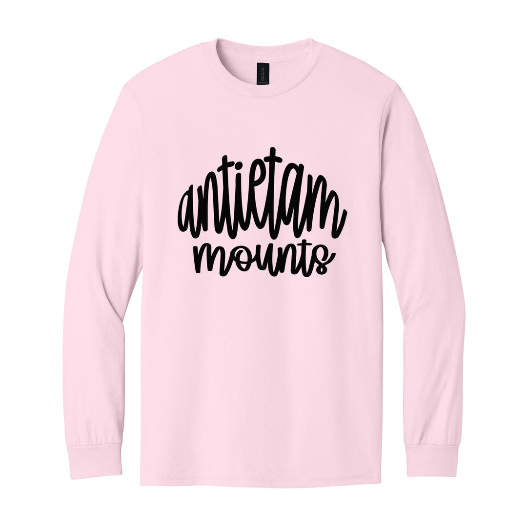 Antietam Mountaineers Hand-Lettered Script long sleeve t-shirt in Light Pink: antietam mounts in big hand-lettered script