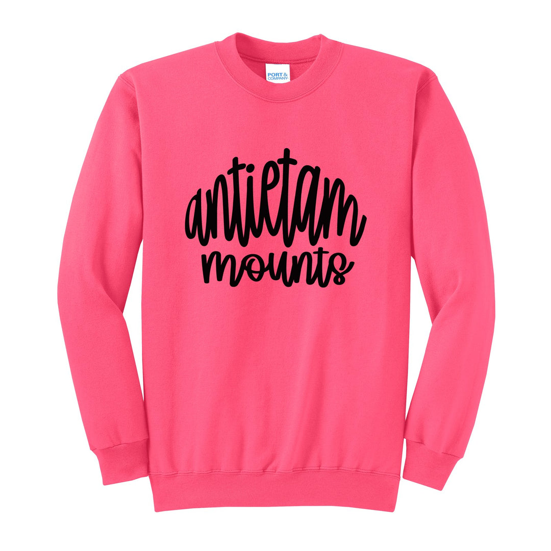 Antietam Mountaineers Hand-Lettered Script crewneck sweatshirt in Neon Pink: antietam mounts in big hand-lettered script