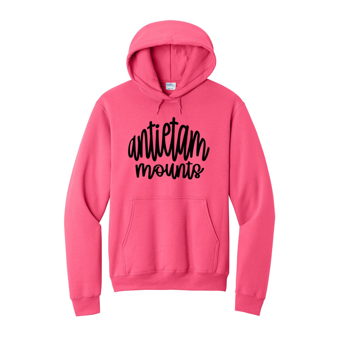Antietam Mountaineers Hand-Lettered Script hoodie in Neon Pink: antietam mounts in big hand-lettered script