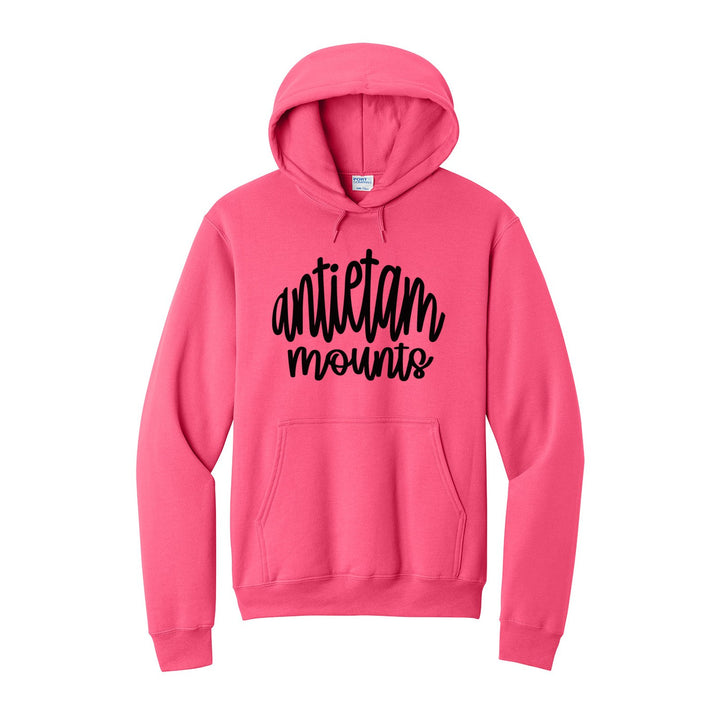 Antietam Mountaineers Hand-Lettered Script hoodie in Neon Pink: antietam mounts in big hand-lettered script
