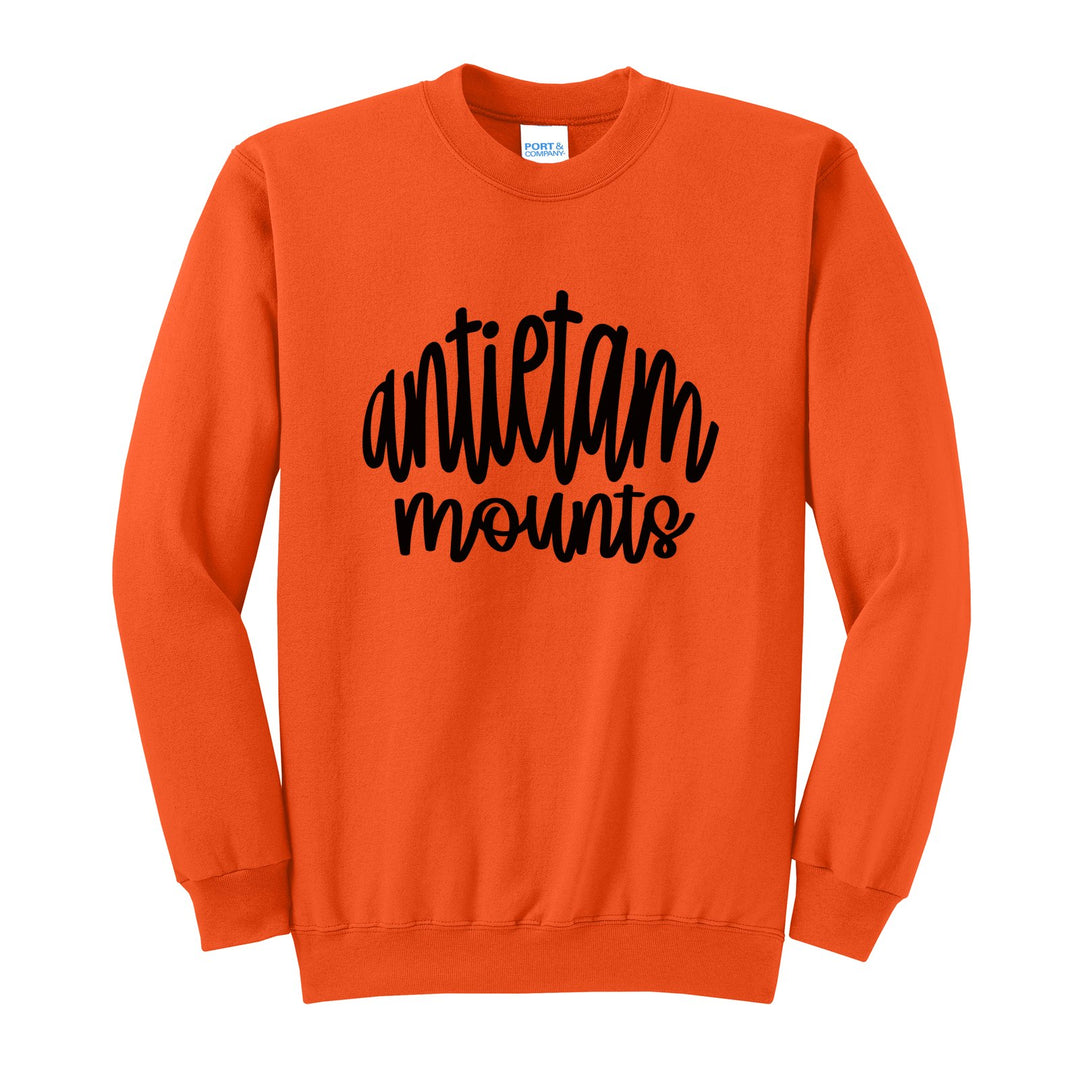 Antietam Mountaineers Hand-Lettered Script crewneck sweatshirt in Orange: antietam mounts in big hand-lettered script