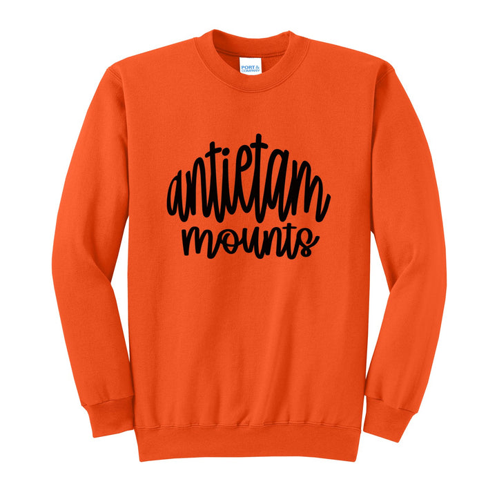 Antietam Mountaineers Hand-Lettered Script crewneck sweatshirt in Orange: antietam mounts in big hand-lettered script