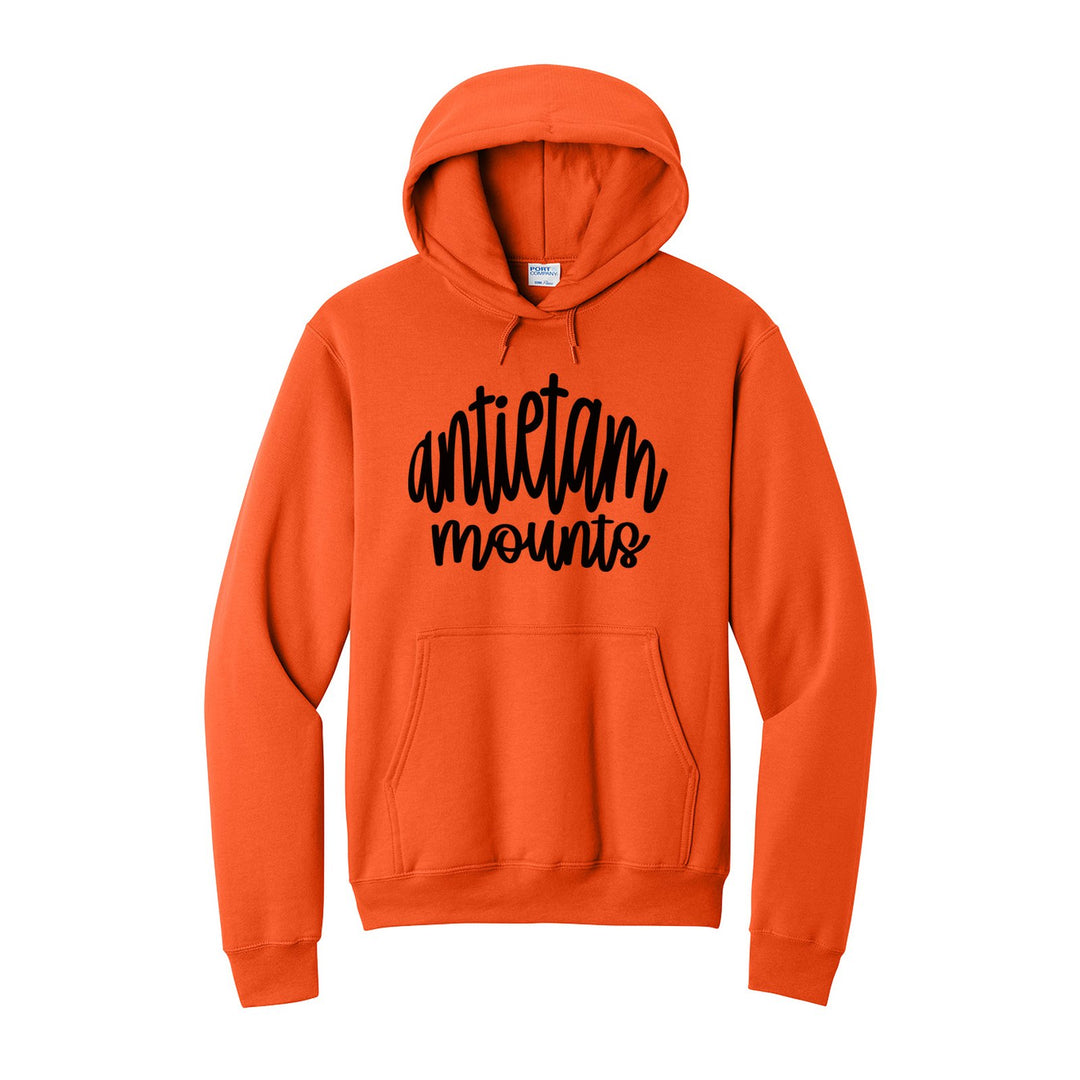 Antietam Mountaineers Hand-Lettered Script hoodie in Orange: antietam mounts in big hand-lettered script