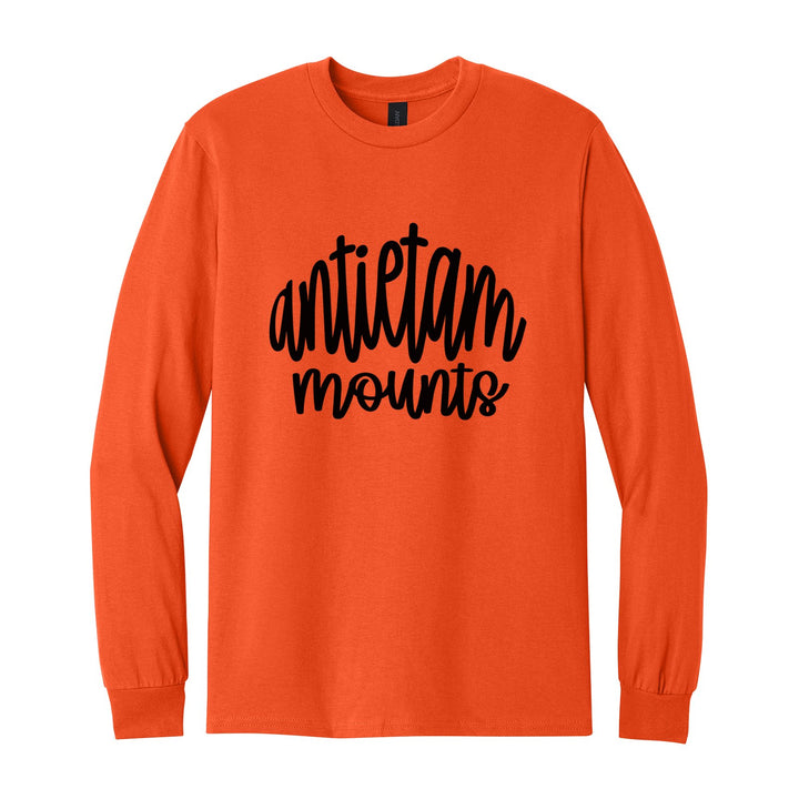 Antietam Mountaineers Hand-Lettered Script long sleeve t-shirt in Orange: antietam mounts in big hand-lettered script