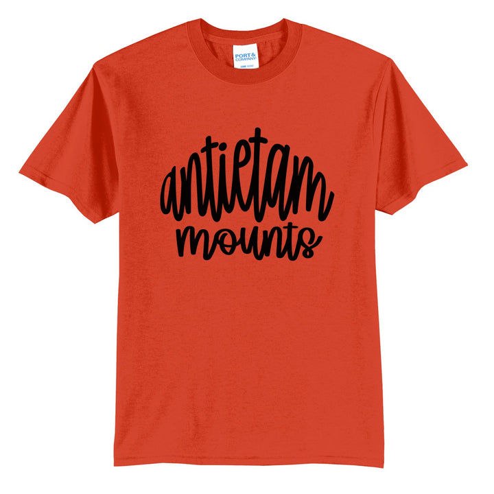 Antietam Mountaineers Hand-Lettered Script t-shirt in Orange: antietam mounts in big hand-lettered script