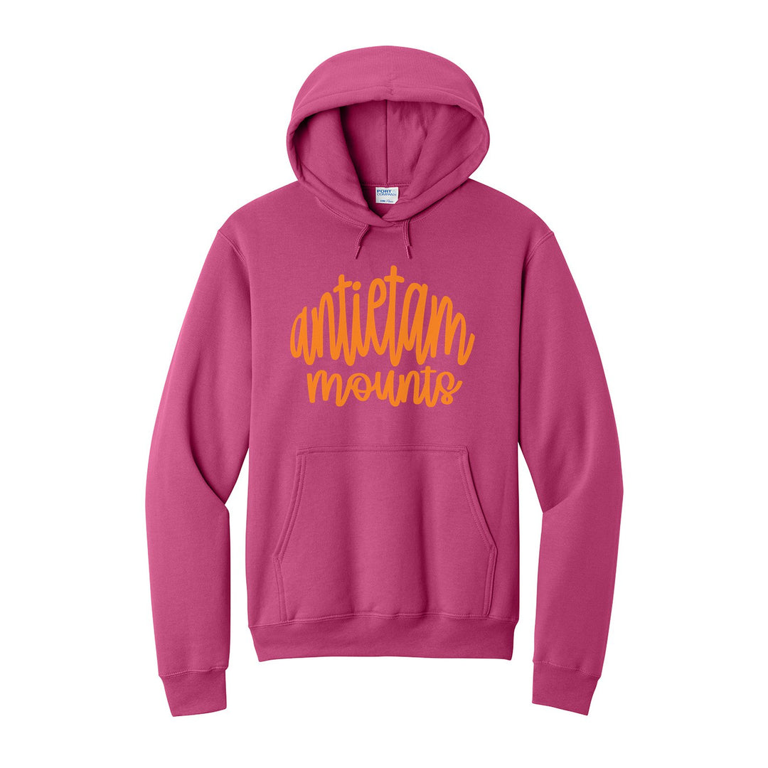 Antietam Mountaineers Hand-Lettered Script hoodie in Sangria: antietam mounts in big hand-lettered script