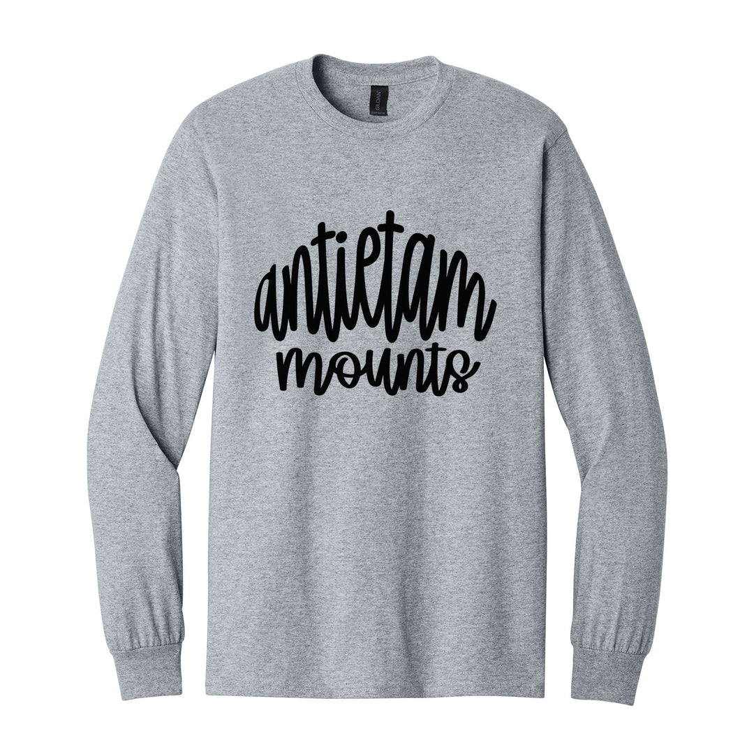 Antietam Mountaineers Hand-Lettered Script long sleeve t-shirt in Sport Grey: antietam mounts in big hand-lettered script