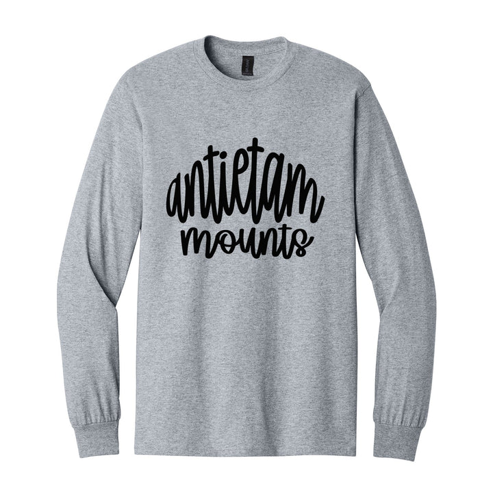 Antietam Mountaineers Hand-Lettered Script long sleeve t-shirt in Sport Grey: antietam mounts in big hand-lettered script