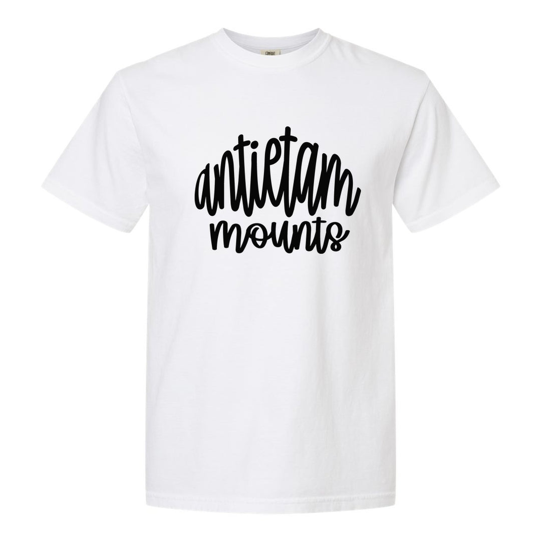Antietam Mountaineers Hand-Lettered Script comfort colors t-shirt in White: antietam mounts in big hand-lettered script