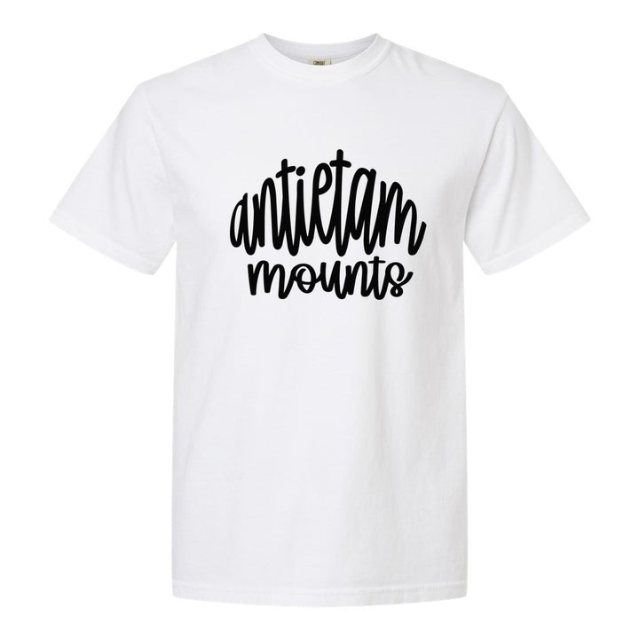 Antietam Mountaineers Hand-Lettered Script comfort colors t-shirt in White: antietam mounts in big hand-lettered script