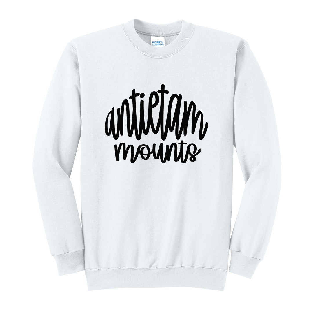 Antietam Mountaineers Hand-Lettered Script crewneck sweatshirt in White: antietam mounts in big hand-lettered script