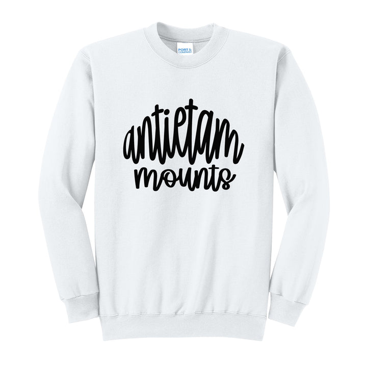 Antietam Mountaineers Hand-Lettered Script crewneck sweatshirt in White: antietam mounts in big hand-lettered script