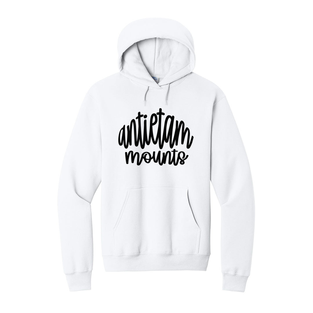 Antietam Mountaineers Hand-Lettered Script hoodie in White: antietam mounts in big hand-lettered script
