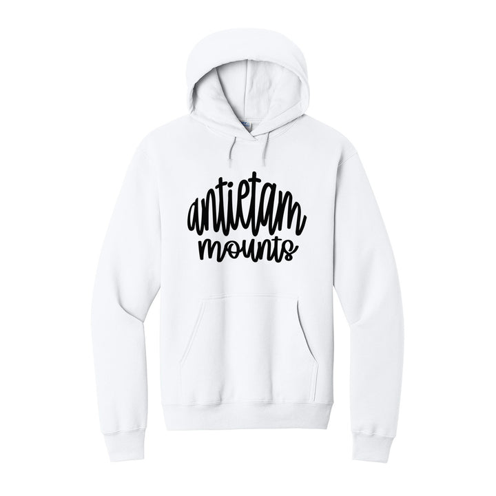 Antietam Mountaineers Hand-Lettered Script hoodie in White: antietam mounts in big hand-lettered script