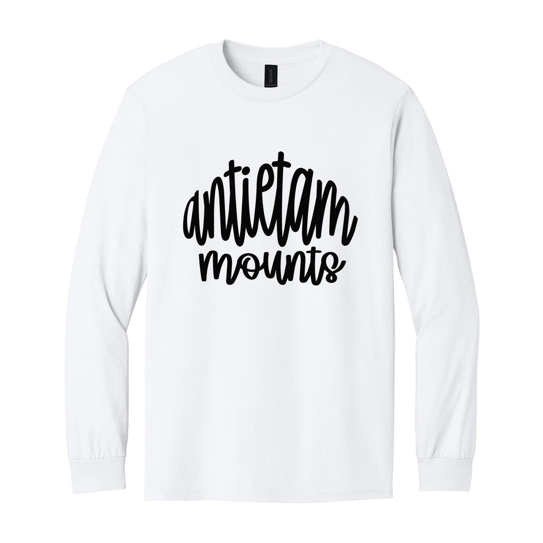 Antietam Mountaineers Hand-Lettered Script long sleeve t-shirt in White: antietam mounts in big hand-lettered script