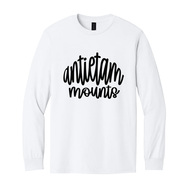 Antietam Mountaineers Hand-Lettered Script long sleeve t-shirt in White: antietam mounts in big hand-lettered script